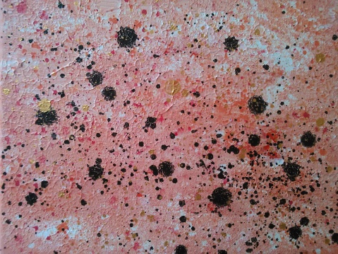 Freckles 2015 by Jessi Chval / FindingOutFibro. Abstract peach, gold and black acrylic painting.